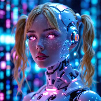 The primary subject of the image is a woman with blonde hair, wearing a futuristic, high-tech outfit. She has a ponytail and is wearing a headset. The setting is a futuristic environment, possibly a space station or a futuristic city. The visual style is a combination of photo and digital art, creating a unique and intriguing image. The colors and mood are predominantly blue and pink, giving the image a futuristic and dreamy atmosphere.